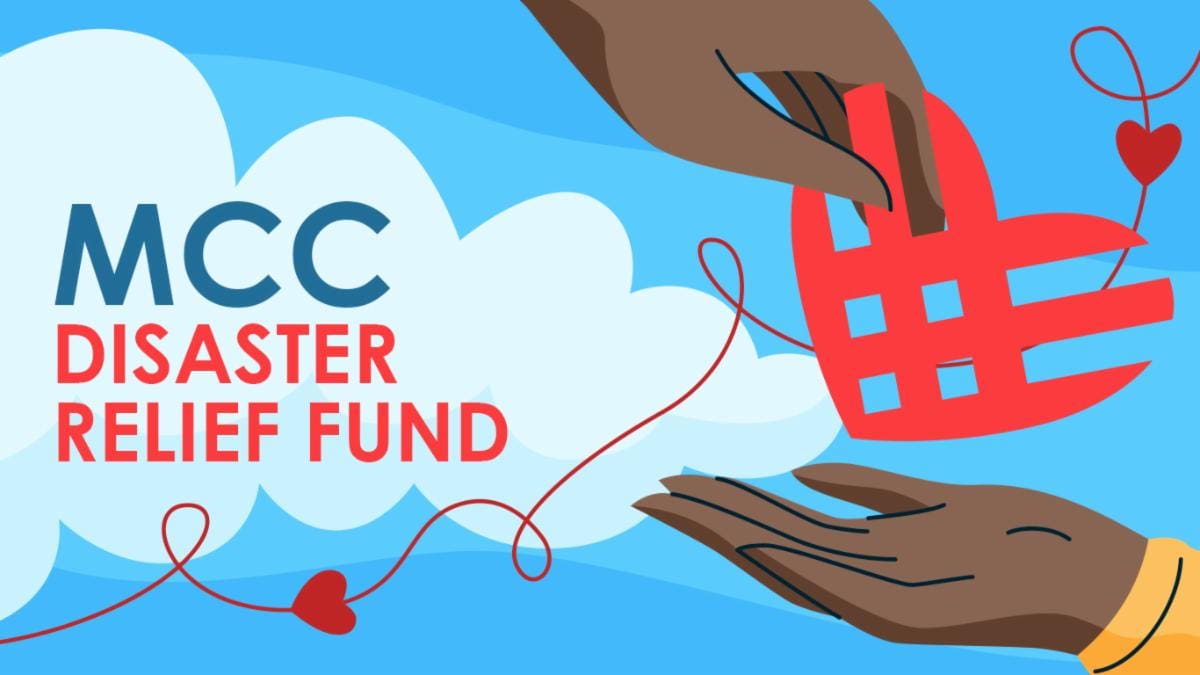 Hands exchanging a red gift box with a blue sky background and the text 'ICC Master Gift Fund'.