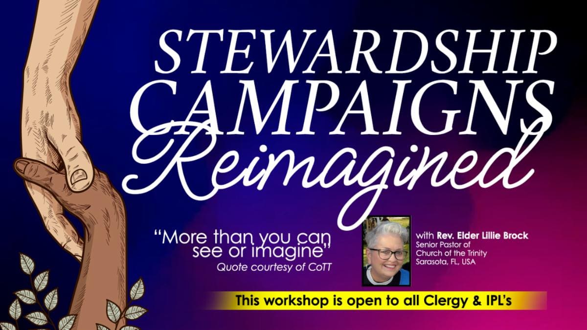 Stewards Campaign Reimagined workshop announcement with a blue background.